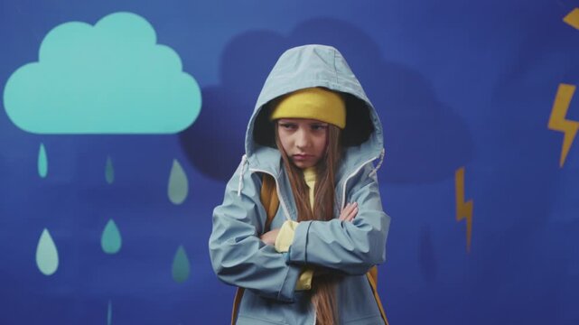 Young artist confidently raises umbrella, Teen performer elevates umbrella with assured grin amid storm visuals