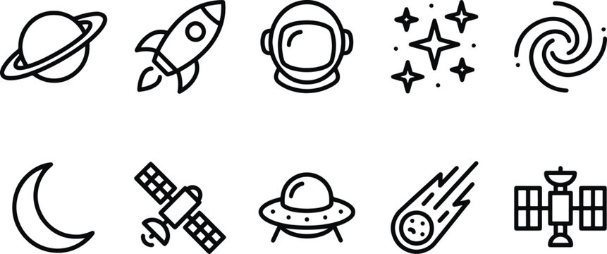 A set of black line icons depicting various space related objects