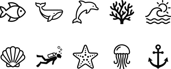 Ocean icons including sea creatures and symbols © MUKTARANI