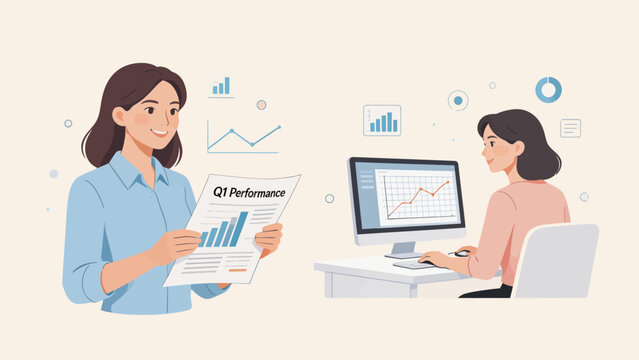 Two women analyzing business data