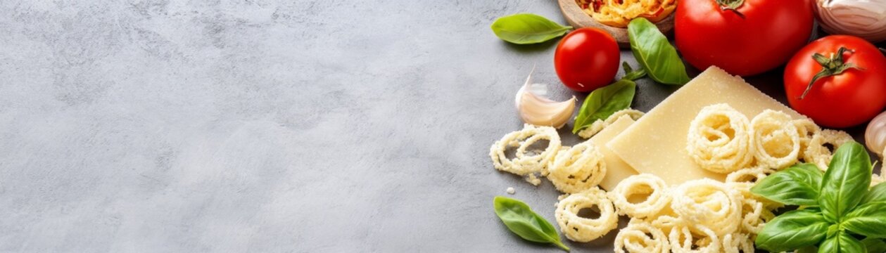 Italian cooking essentials flat lay vibrant tomatoes, basil, Parmesan, garlic and crispy pasta rings on grey for Mediterranean recipe banners and copy space., Italian Food ,Ingredients