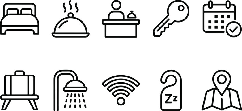 Hotel amenities and services icon set