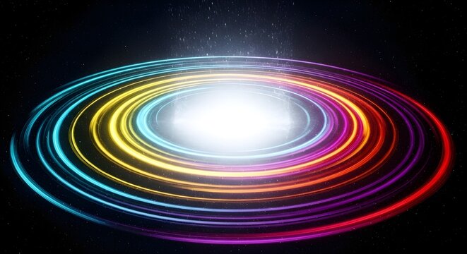 A vibrant and colorful illustration of a glowing ring system in space with multiple concentric rings of various colors.