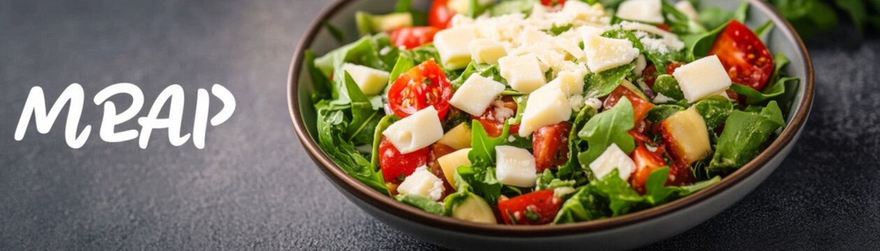 MRAP text on a vibrant fresh salad Arugula, cherry tomatoes, cheese medley in bowl. Close-up, healthy food composition. fresh, nutrition