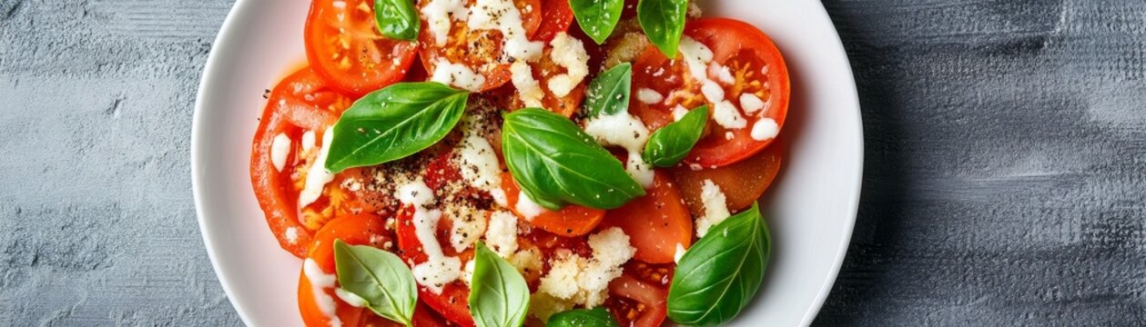 Overhead close-up Fresh Caprese-style salad with vibrant sliced tomatoes, basil, torn white cheese and pepper, on a white plate against grey. Healthy, delicious. Food photo, Italian