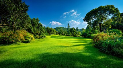 Fototapeta premium Lush Green Garden Path: Sunlit Lawn with Vibrant Flower Beds