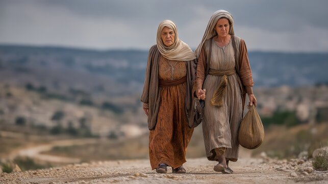 Naomi and Ruth walking the lonely road toward Bethlehem under an overcast sky, a quiet journey of loss, loyalty, and faithful hope.