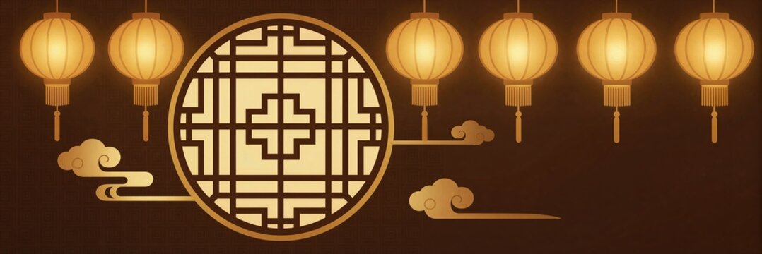 Chinese - style Lanterns, Clouds and Window Grilles Festival Background