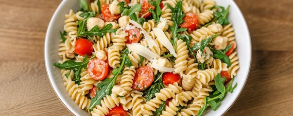 Vibrant Fusilli Pasta Salad Close-up of delicious fusilli with juicy cherry tomatoes, peppery arugula, mini mozzarella and shaved Parmesan, a fresh light meal. pasta, summer salad