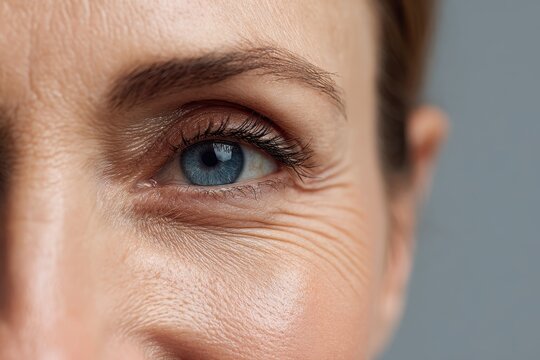 Close-up of a blue eye in a mature woman showing crow's feet and natural skin texture with copy space
