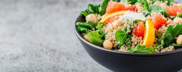 Vibrant Quinoa Salad with Chickpeas, Spinach and Citrus in a dark bowl, shot close-up on a minimalist grey. A healthy, fresh and vegan-friendly superfood meal concept. Clean Eating,
