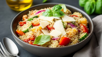 Vibrant Quinoa Salad with Fresh Veggies, Parmesan and Basil. A colorful, healthy, nutritious meal close-up, perfect for a fresh lunch. ,Vegetarian ,Wholesome