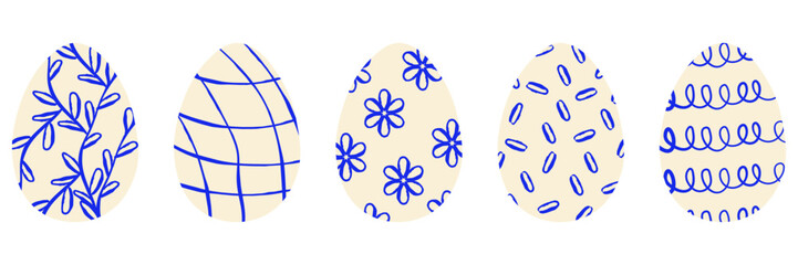 Fototapeta premium Collection of Easter eggs with various minimalist blue ink ornaments on beige background. Decorative vector set with flowers and leaves and hearts for spring holiday design and greeting cards