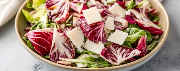 Vibrant Radicchio and Green Leaf Salad with Parmesan Flakes, a fresh and healthy composition in a rustic bowl. Close-up food concept. Salad, Healthy