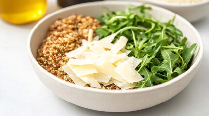 Vibrant Quinoa and Arugula Bowl A close-up of healthy tri-color quinoa, fresh arugula and delicate Parmesan shavings, captured with bright, clean light. Wholesome meal. Salad,