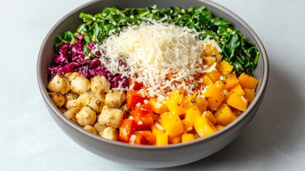 Vibrant Rainbow Nourish Bowl Close-up of spinach, chickpeas, roasted squash, red cabbage and grated cheese, embodying a fresh, healthy meal. ,Healthy Food
