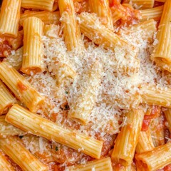 Vibrant Rigatoni pasta in rich tomato sauce, generously topped with Parmesan cheese. A delicious, close-up, top-down view of comforting Italian cuisine., Pasta, Italian Meal