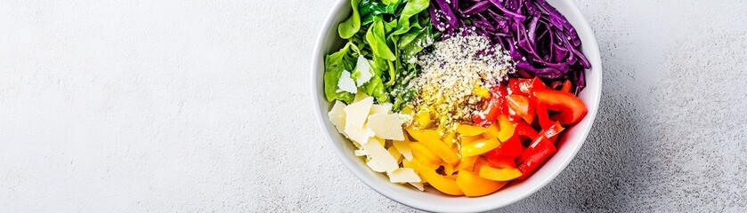 Vibrant Rainbow Salad Bowl Composition Fresh Greens, Red Cabbage, Bell Peppers and Parmesan. Clean, Healthy Eating Concept. ,Healthy Food, Vegetarian