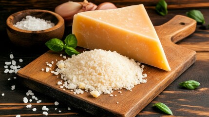 Vibrant rustic close-up of Parmesan cheese wedge, grated pile, coarse salt and fresh basil on dark wood, embodying gourmet Italian culinary essentials. ,Cheese,Food