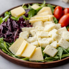 Vibrant Salad with Arugula, Red Greens, Assorted Cheeses (Sliced, Cubed, Grated) and Cherry Tomatoes on a Wooden Platter. Fresh and Savory. ,Gourmet,Cheese Board