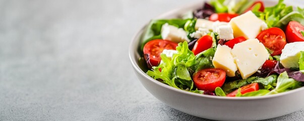 Vibrant Salad Bowl Crisp mixed greens, bright cherry tomatoes and diverse cheese chunks in a white bowl on a light gray texture. Healthy food concept with ample copy space., fresh,
