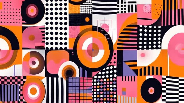 Vibrant abstract illustration featuring geometric shapes and patterns in orange, pink, and black tones, creating a dynamic visual effect.