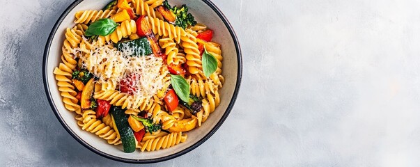 Vibrant top-down shot Fusilli pasta with colorful grilled vegetables, parmesan and fresh basil in a rustic bowl on a bright, clean backdrop. Healthy Italian meal concept., Pasta,