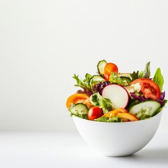 Vibrant, fresh garden salad with mixed greens, juicy tomatoes, cucumber and radish in a minimalist white bowl, on a clean white background. Healthy food concept. ,Vegetarian