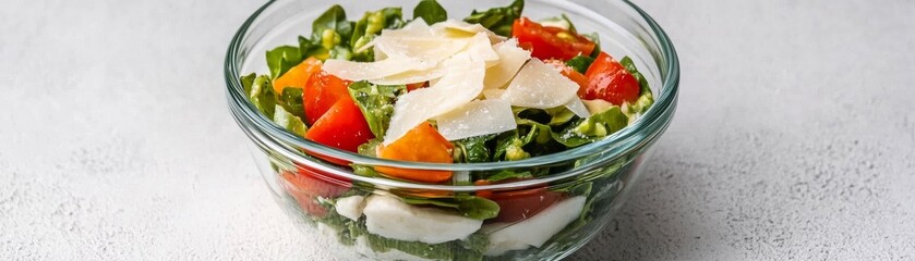 Vibrant, fresh Italian salad in a glass bowl Arugula, tomato, mozzarella and shaved Parmesan. A healthy, delicious food image., Clean Eating, Food Styling