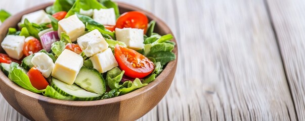 Vibrant, healthy mixed green salad in a rustic wooden bowl, featuring feta and cheddar cubes, cherry tomatoes, cucumber, on a light wood background with copy space.,Healthy Lunch