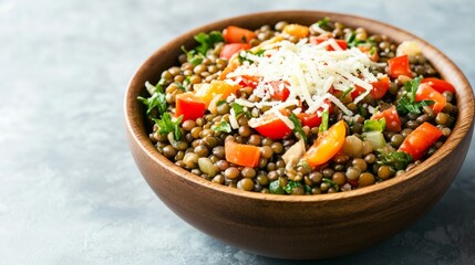 Vibrant, protein-rich lentil salad in a rustic wooden bowl with tomatoes, peppers, herbs and cheese on grey. Healthy food concept., vegetarian, nutritious