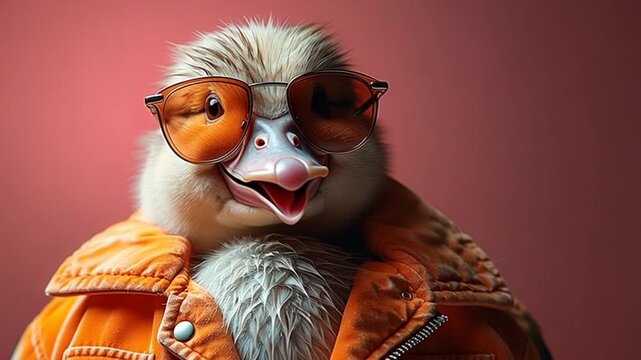 A fashionable duck wearing orange sunglasses and a vibrant orange jacket stands against a muted red background.