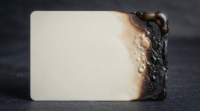 Burnt plastic card with charred edges and melted surface on a dark textured background, showcasing damage from heat exposure and fire