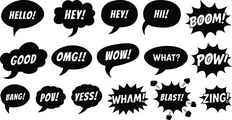 Comic book action speech bubbles with boom pow wham and hello text © Emonahmed