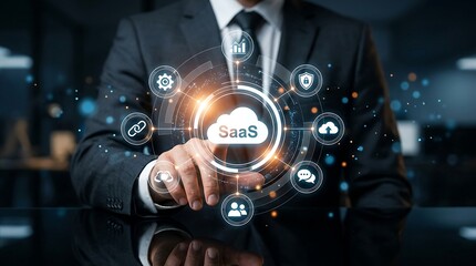 Fototapeta premium Businessman Interacting with Futuristic SaaS Cloud Computing Interface for Digital Transformation and Enterprise Software Solutions