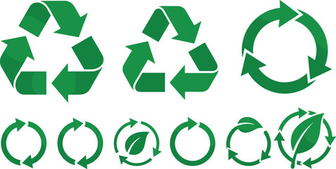 Fototapeta premium Green recycling icons collection, eco arrows symbols set, circular loop designs, sustainability concept, environmental protection, reuse reduce recycle vector illustration