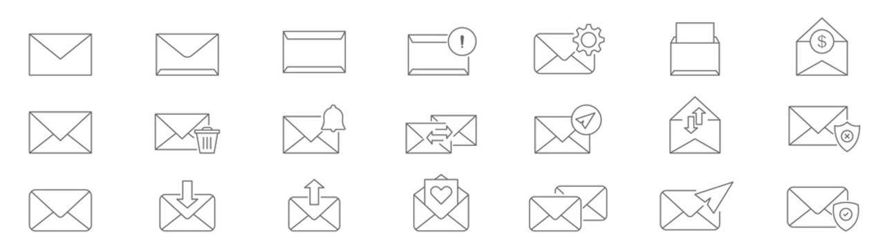Minimalist line email icon set with editable stroke featuring inbox, message, envelope, notification, mailing, and interface symbols. email letter message icon set. Open envelope icon elements. EPS 10