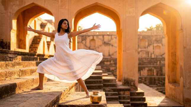 Indian woman in white linen dress practicing warrior two yoga pose on stepwell stairs at golden hour sunset. Perfect for wellness travel mindful living and holistic health campaigns