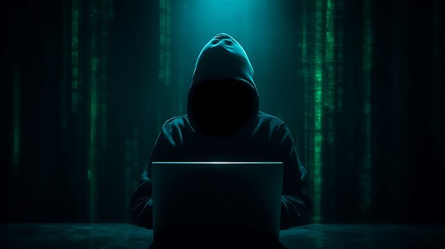 A hooded hacker sits in a dark room with a laptop and green code streaming down the walls.
