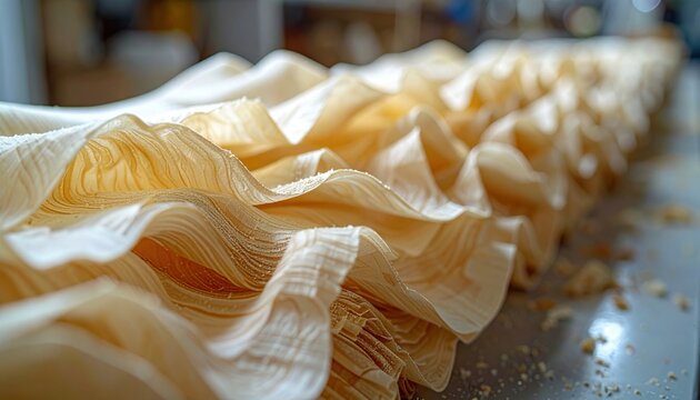 A detailed close-up shot of numerous finely milled balsa wood sheets neatly stacked, highlighting their delicate, wavy texture and light grain.
