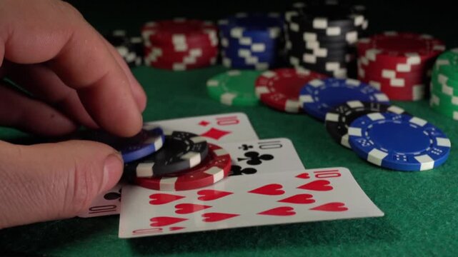 Hand placing stacked poker chips on playing cards during a card game on a green felt table surrounded by various colored chips