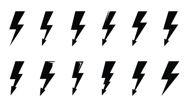 Collection of stylized lightning bolt icons in black and white Vector
