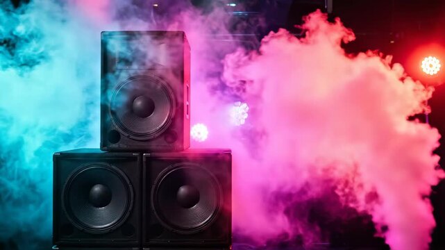 A video showcasing a stack of powerful speakers emitting colorful smoke in a dark room