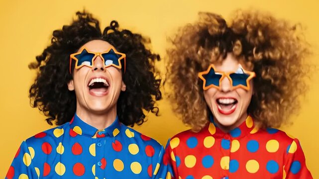Two young women with curly hair wearing star sunglasses and polka dot shirts shouting in maximalist style