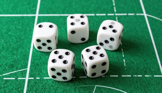 A set of classic white dice with crisp black pips resting neatly on a vibrant green felt gaming surface, ready for a roll.