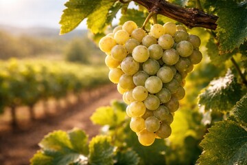 Fototapeta premium A bunch of juicy green White Listan variety grapes isolated close-up on a vineyard background 