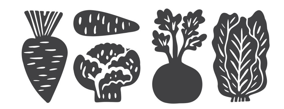 Linocut vegetable illustrations set: carrot, beet, broccoli, chard. Handdrawn monochrome ink art, woodcut stamp style, isolated on white. Organic food icons