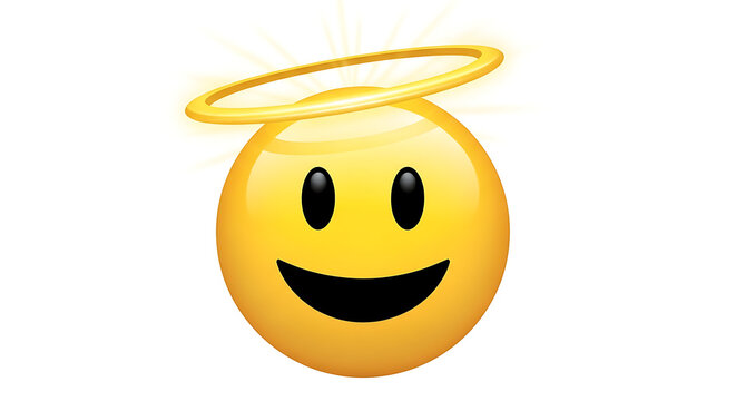 3D image Smiling face halo emoji icon, angelic digital symbol expressing innocence, goodness, virtue, and positive communication.