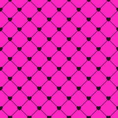 Emo pop punk seamless pattern with black hearts on pink fishnet background. Alternative aesthetic vector for fashion and textile design.