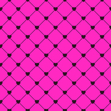 Emo pop punk seamless pattern with black hearts on pink fishnet background. Alternative aesthetic vector for fashion and textile design.